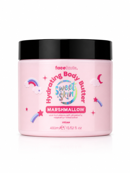 Face Facts Sweet Skin Hydrating Body Butter – Marshmallow 🍬💗  زبدة جسم مرطبة بقوام غني، تساعد على حبس الرطوبة وتنعيم البشرة، وتحتوي حسب العبوة على زبدة الشيا مع نفحات حلوة من الفراولة والتوت.