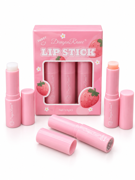 🍓 Dragon Ranee Lip Stick – مجموعة مرطبات شفاه بالفراولة 3 قطع 